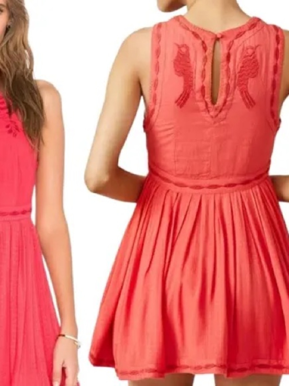 Free People Birds of a Feather Coral Sleeveless Embroidered Casual Dress